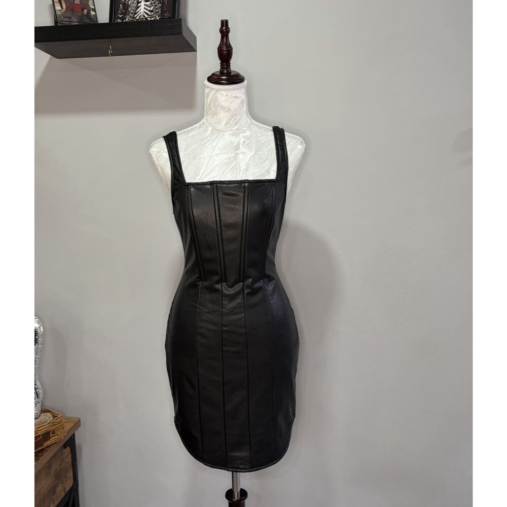 Black Faux Leather Corset Dress M Bodycon Bustier Mini Low Back Goth Clubwear PU